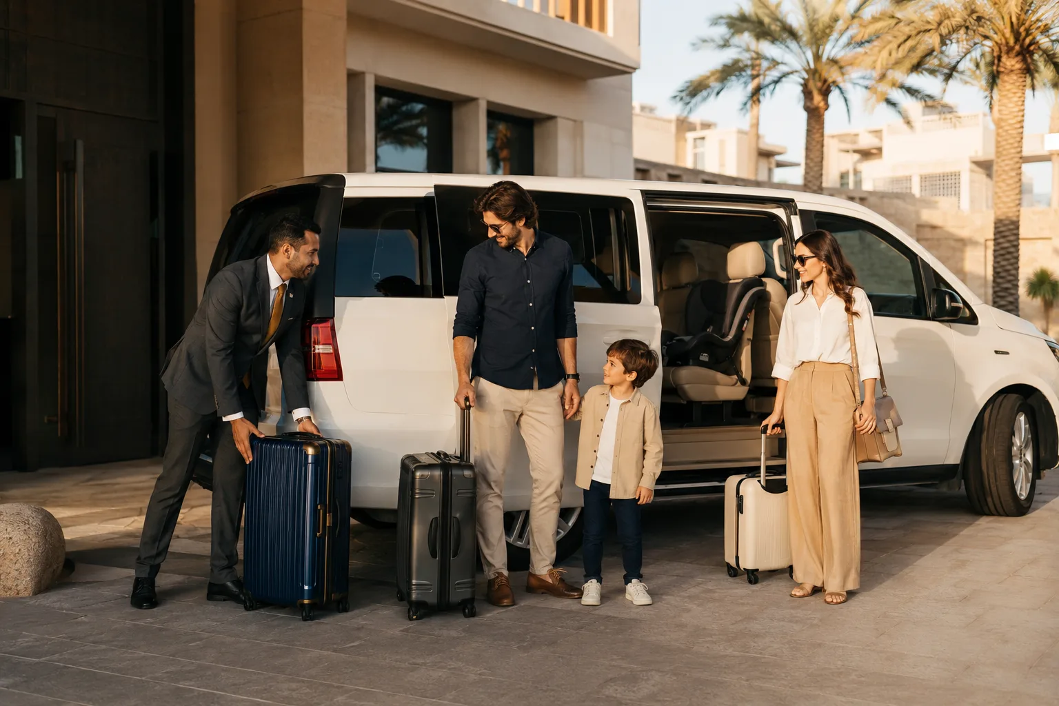 A DuneRide chauffeur loading suitcases into a white van while a family with a young child waits beside it