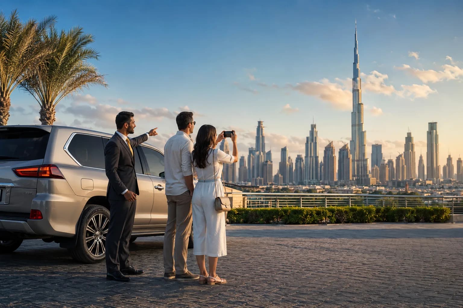 A DuneRide chauffeur pointing out the Dubai skyline and Burj Khalifa to two guests beside a silver SUV on a private city tour