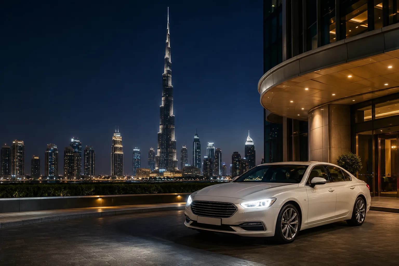 Dubai skyline at dusk where DuneRide handles city pickups and hotel transfers