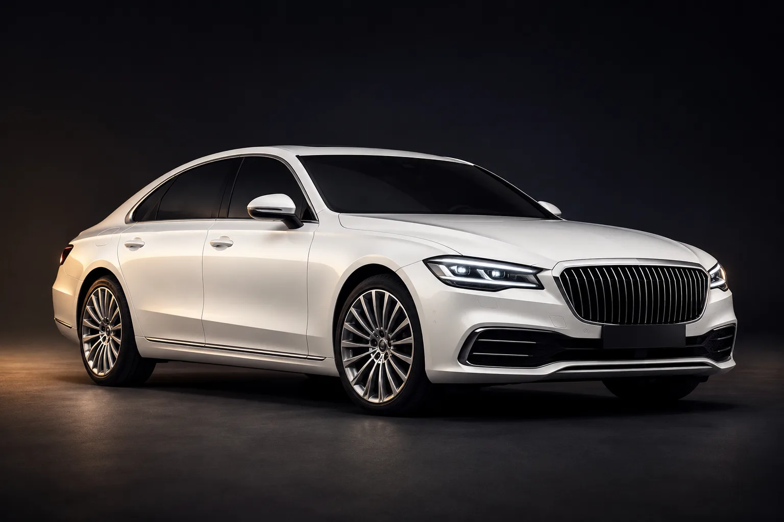Pearl white executive sedan from the DuneRide fleet, studio lit three-quarter front view