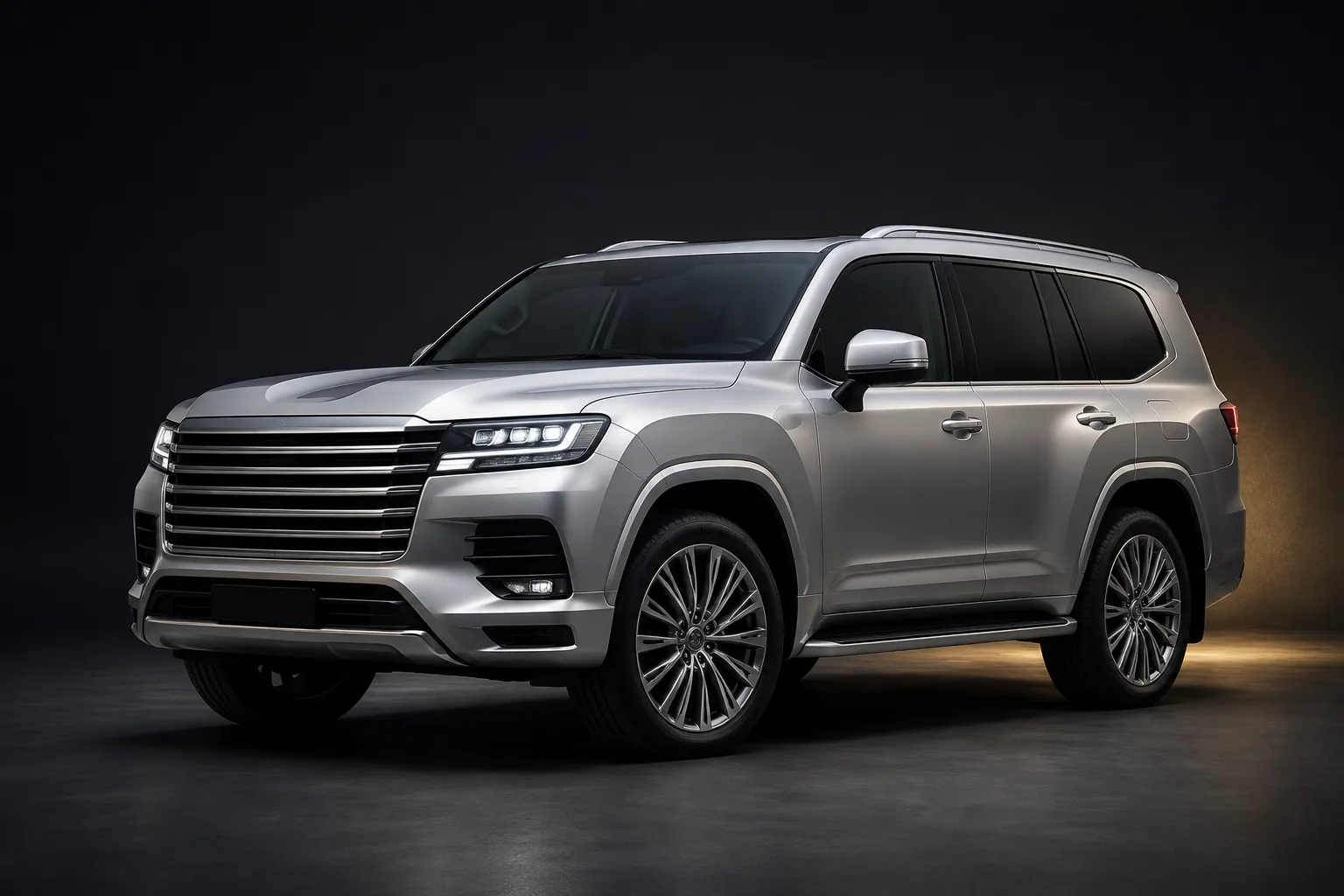 Metallic silver luxury SUV from the DuneRide fleet, studio lit three-quarter front view