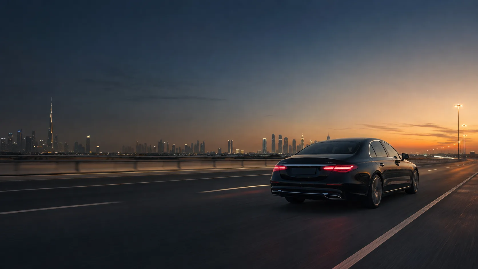 Black executive chauffeur sedan travelling a Dubai highway at dusk with the city skyline on the horizon