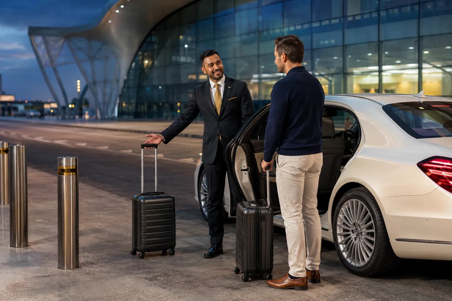 DuneRide chauffeur welcoming an arriving guest with luggage beside a white sedan outside an airport terminal