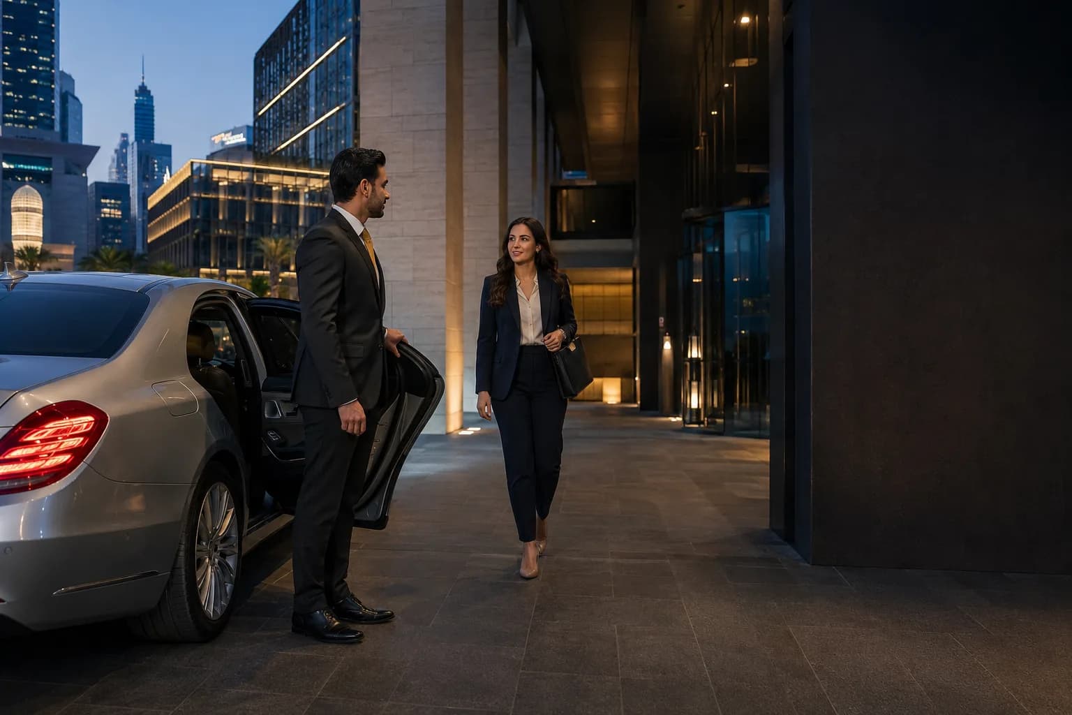 A DuneRide chauffeur holding open the rear door of a silver executive sedan for a business traveller outside an office tower at dusk