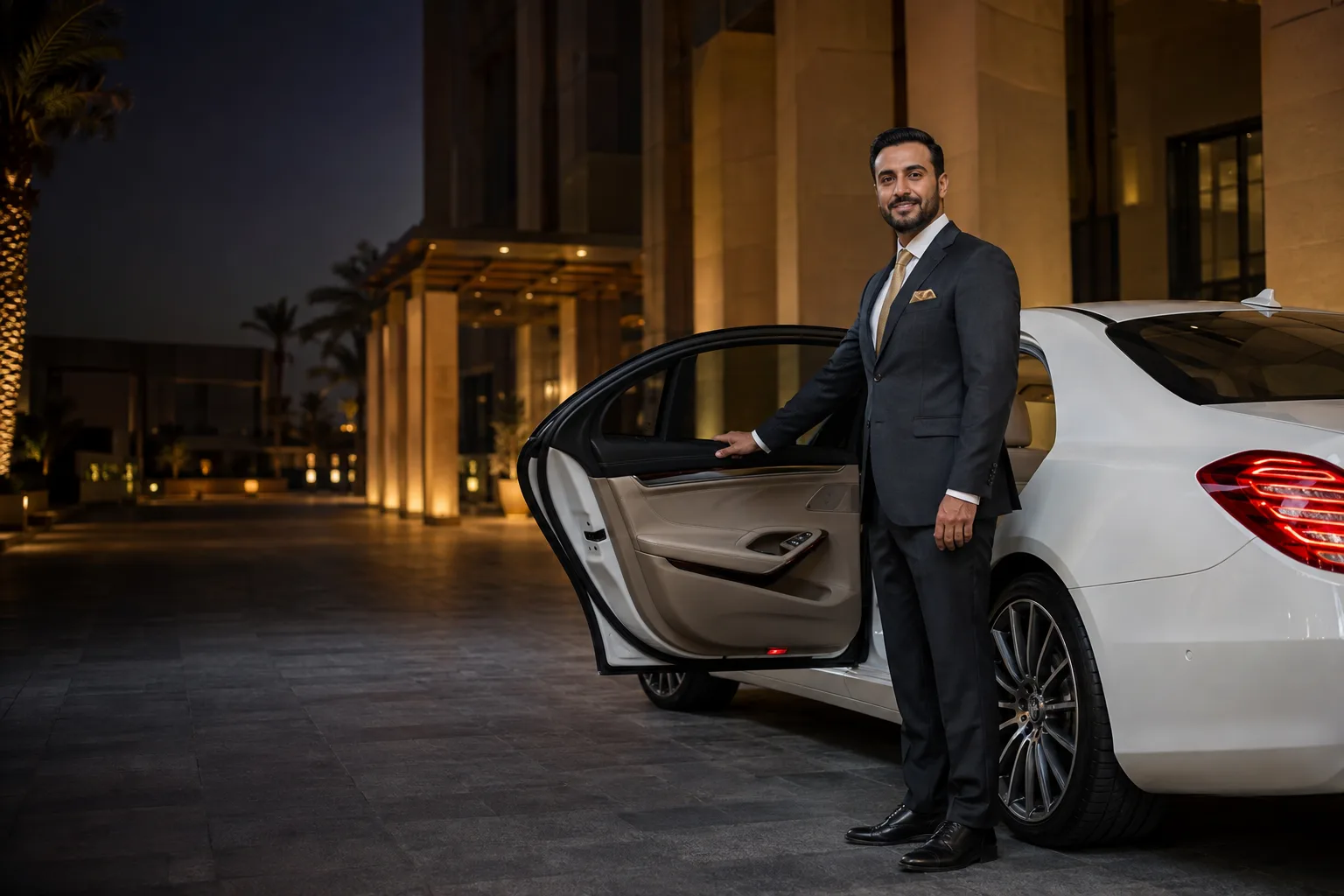 Professional DuneRide chauffeur in a tailored suit holding open the rear door of a white sedan